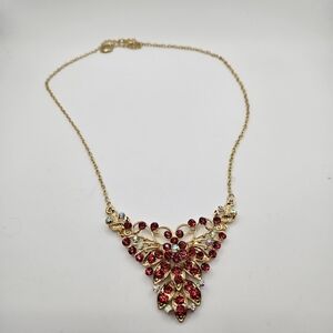 Betsey Johnson Gold Tone Necklace with Red and Clear Accents Holiday Glam